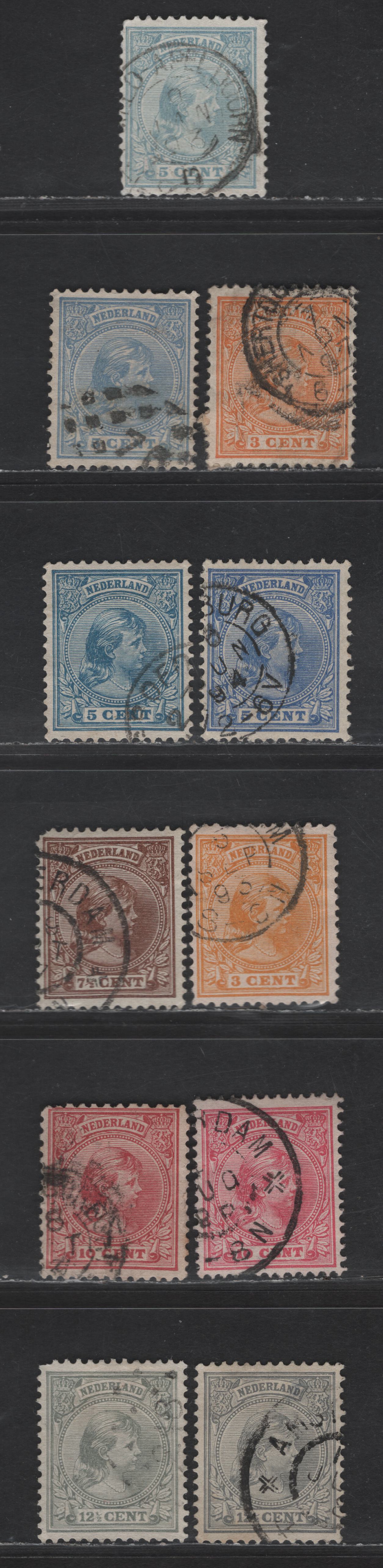 Lot 194 Netherlands SC#40, 40a, 41, 41a, 42a, 43, 43a, 44, 44a 3c - 12.5c Orange - Gray Princess Wilhelmina, 1891-1894 Princess Wilhelmina Issue, 11 Fine/Very Fine Used Singles, Includes Unlisted Shades