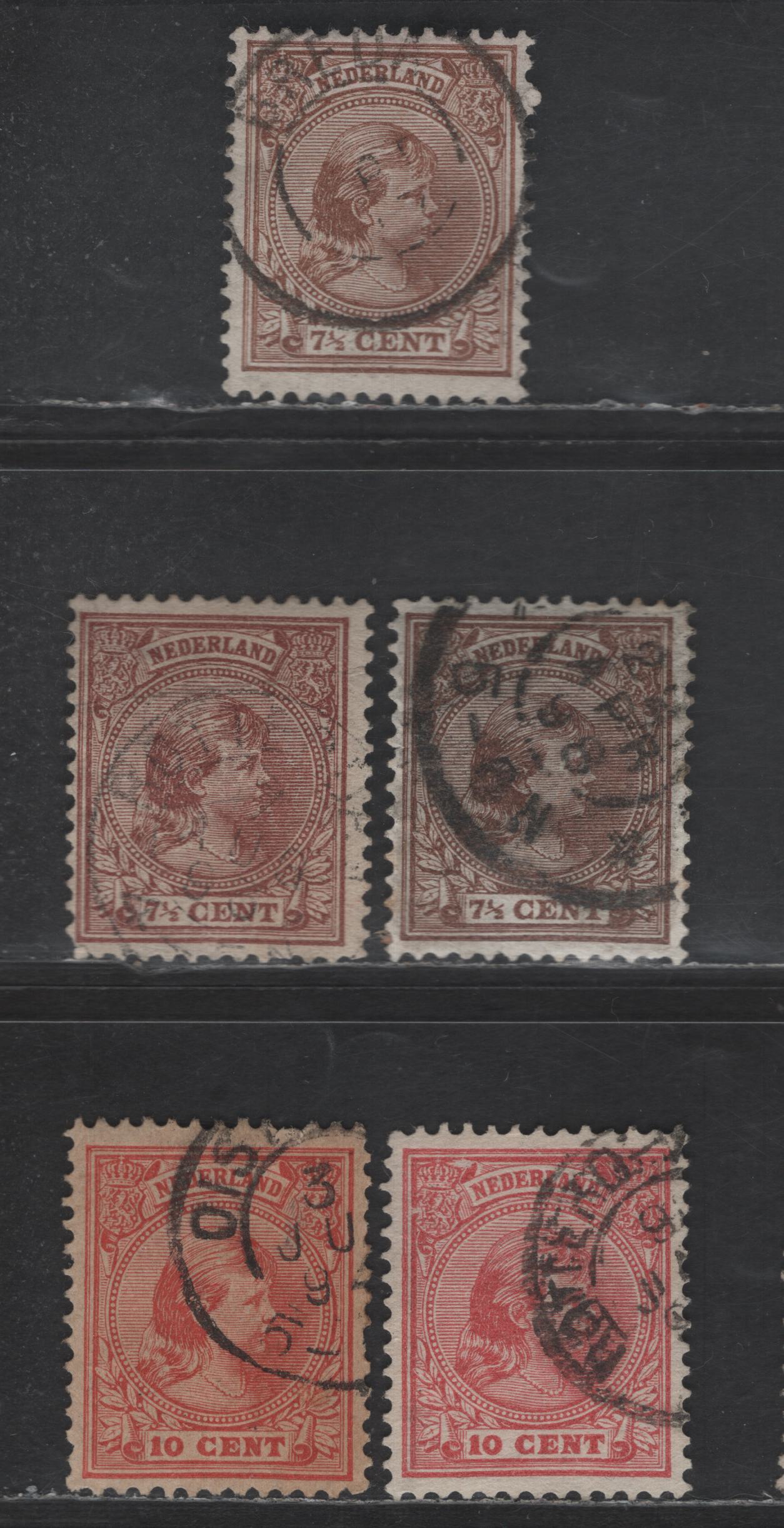 Lot 195 Netherlands SC#42, 42a, 43a 7.5c - 10c Brown, Red Brown & Brick Red Princess Wilhelmina, 1891-1894 Princess Wilhelmina Issue, 5 Fine/Very Fine Used Singles, Three Different Shades, Not Included In Lot 194