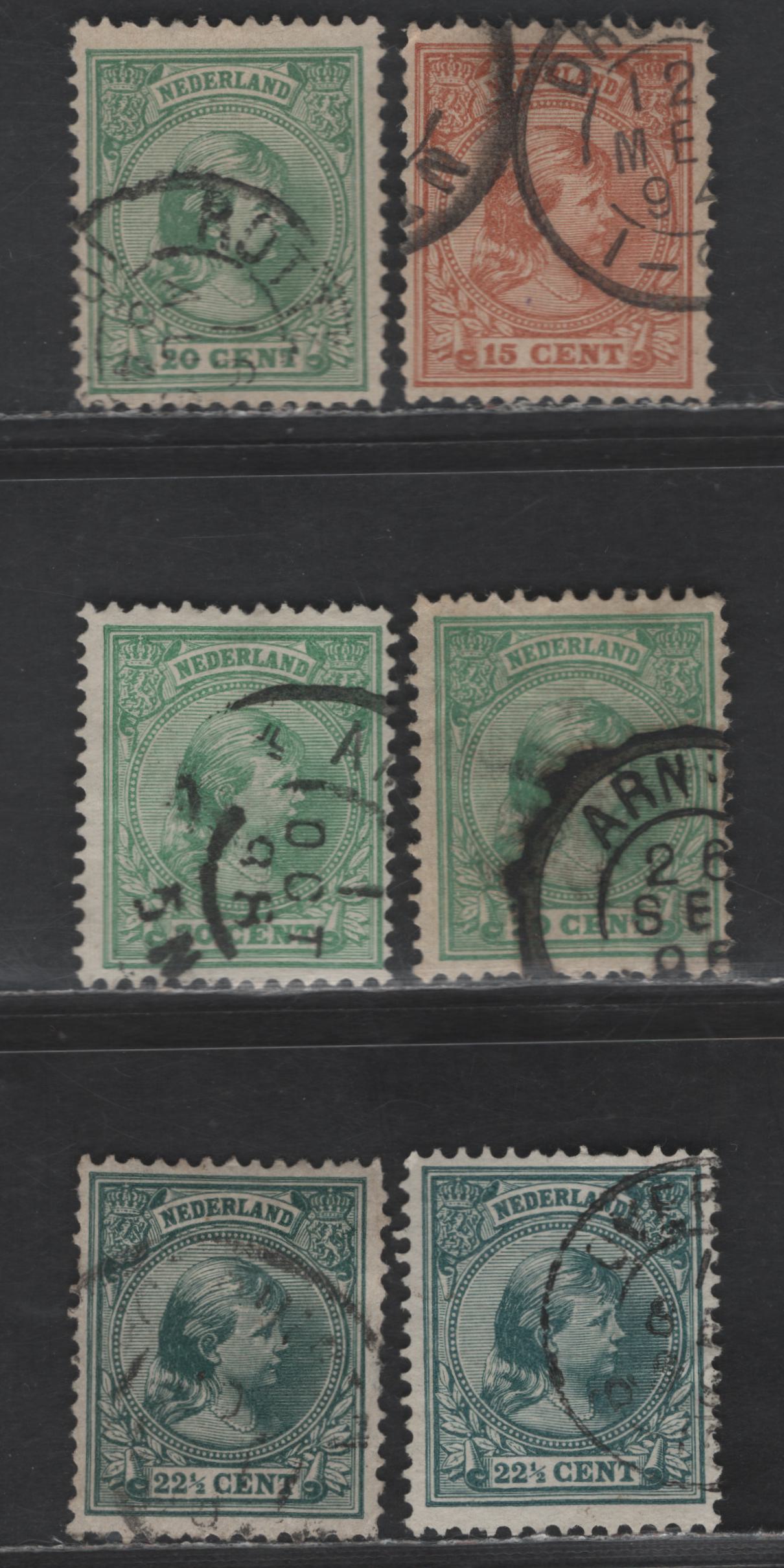 Lot 196 Netherlands SC#45a, 46, 46a, 47, 47a 15c - 22.5c Orange Deep Green & Deep Blue Green Princess Wilhelmina, 1891-1894 Princess Wilhelmina Issue, 5 Fine/Very Fine Used Singles