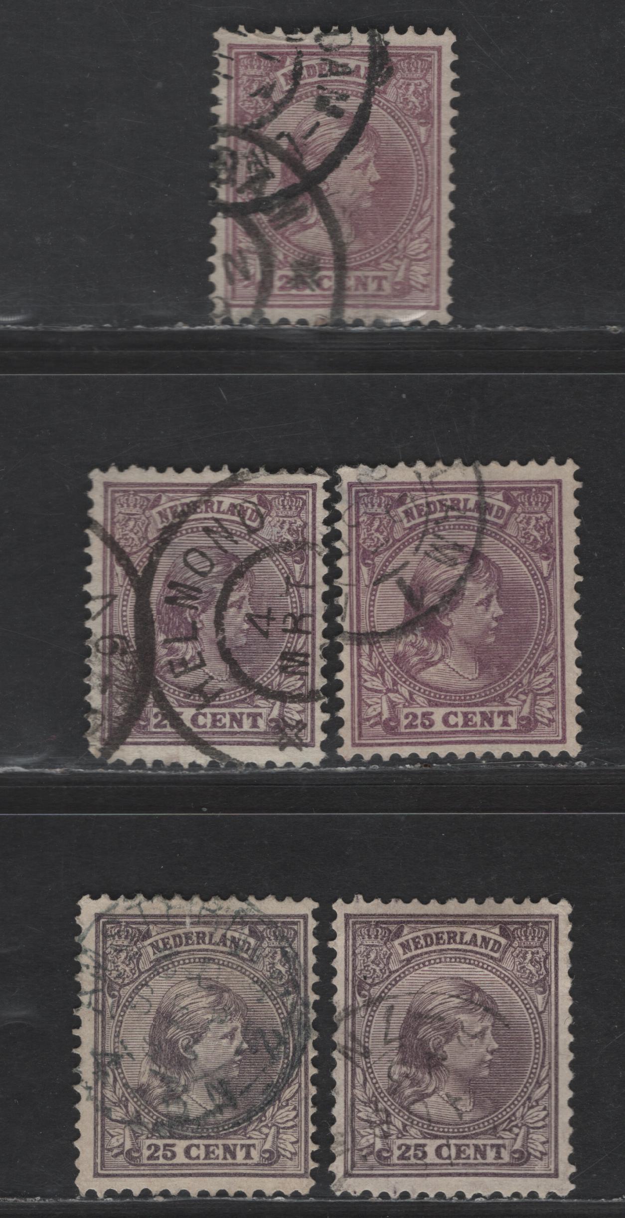 Lot 197 Netherlands SC#48, 48a 25c Red Violet - Dull Violet Princess Wilhelmina, 1891-1894 Princess Wilhelmina Issue, 4 Fine/Very Fine Used Singles
