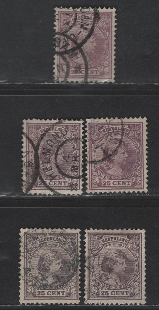 Lot 197 Netherlands SC#48, 48a 25c Red Violet - Dull Violet Princess Wilhelmina, 1891-1894 Princess Wilhelmina Issue, 4 Fine/Very Fine Used Singles