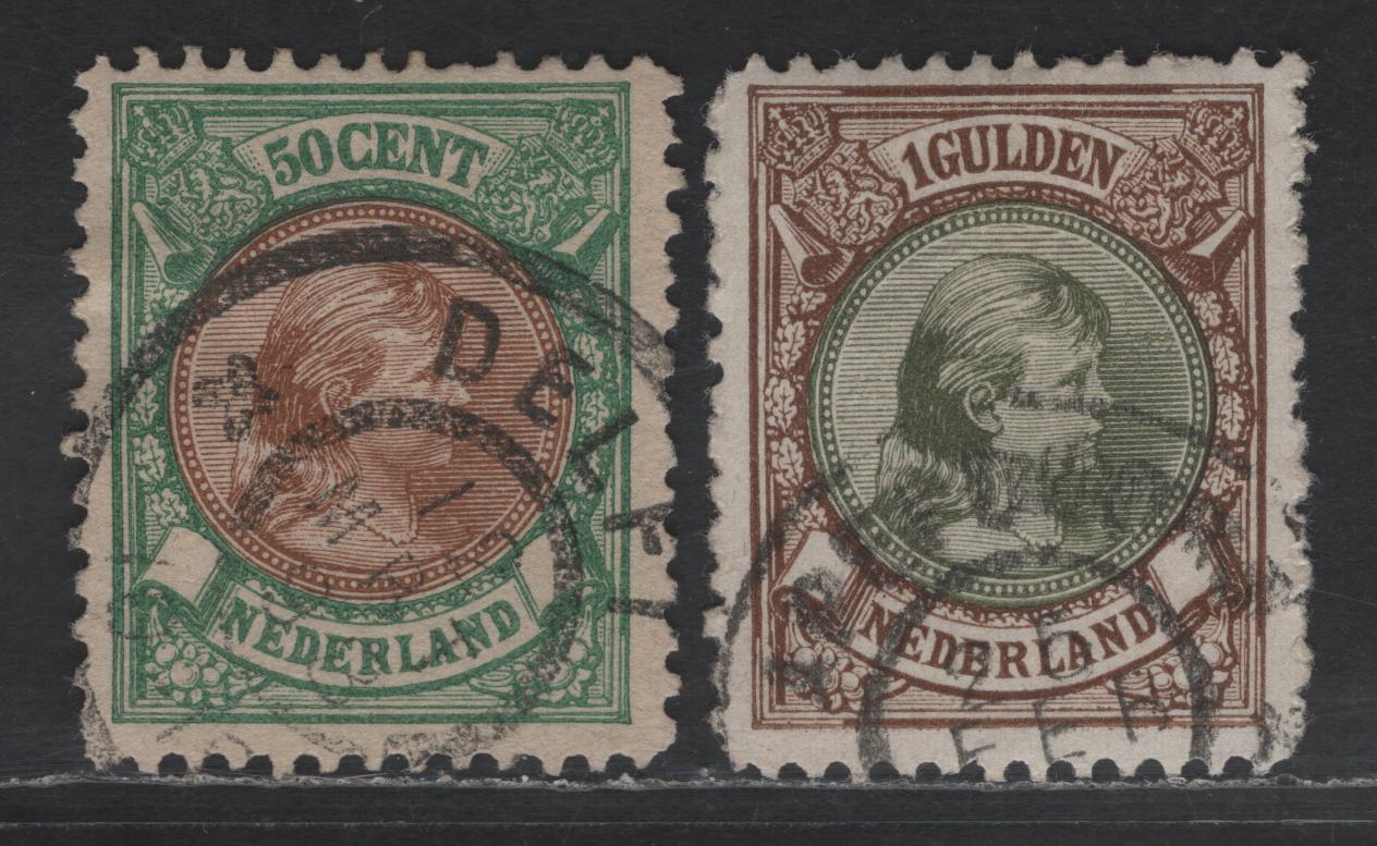 Lot 200 Netherlands SC#51-52 50c - 1g Emerald & Yellow Brown - Brown & Olive Green Princess Wilhelmina, 1893-1896 Princess Wilhelmina Issue, 2 Fine Used Singles