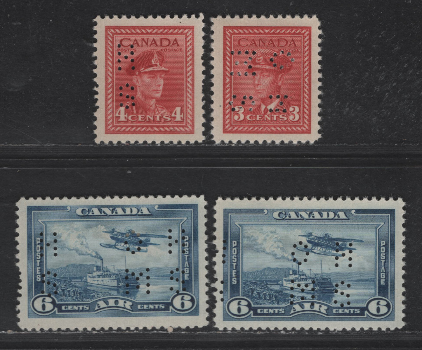 Lot 20 (C) Canada SC#O9-251, O9-254, O9-C6 3c - 6c Dark Carmine - Blue King George VI - Steamer & Monoplane, 1928-1946 War & Airmail Issues, 4 VFOG Singles, Positions 4 & 1, Two Stamps Half Perforated