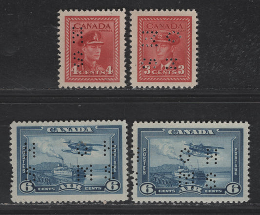 Lot 20 (C) Canada SC#O9-251, O9-254, O9-C6 3c - 6c Dark Carmine - Blue King George VI - Steamer & Monoplane, 1928-1946 War & Airmail Issues, 4 VFOG Singles, Positions 4 & 1, Two Stamps Half Perforated