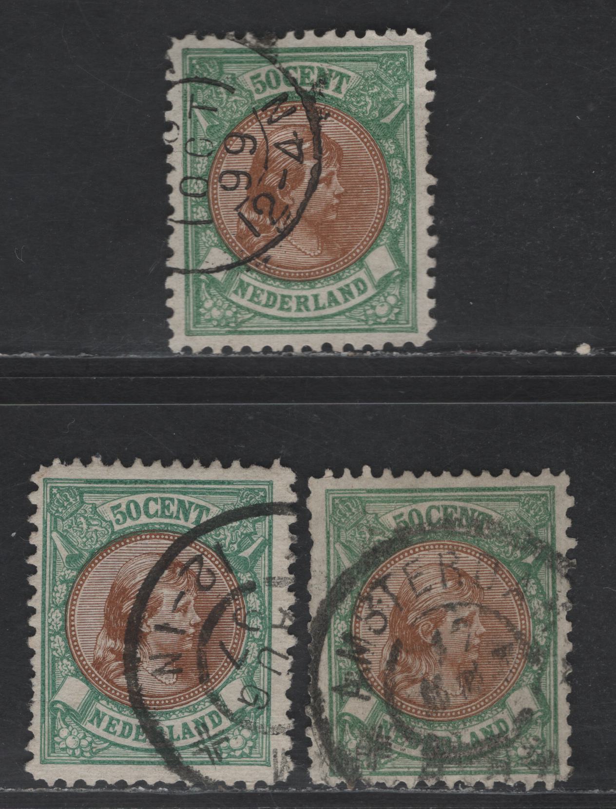 Lot 201 Netherlands SC#51 50c Emerald & Yellow Brown Princess Wilhelmina, 1893-1896 Princess Wilhelmina Issue, 3 Fine Used Singles, 3 Different Frame & Vignette Shades, One With Very Minor Hinge Thin