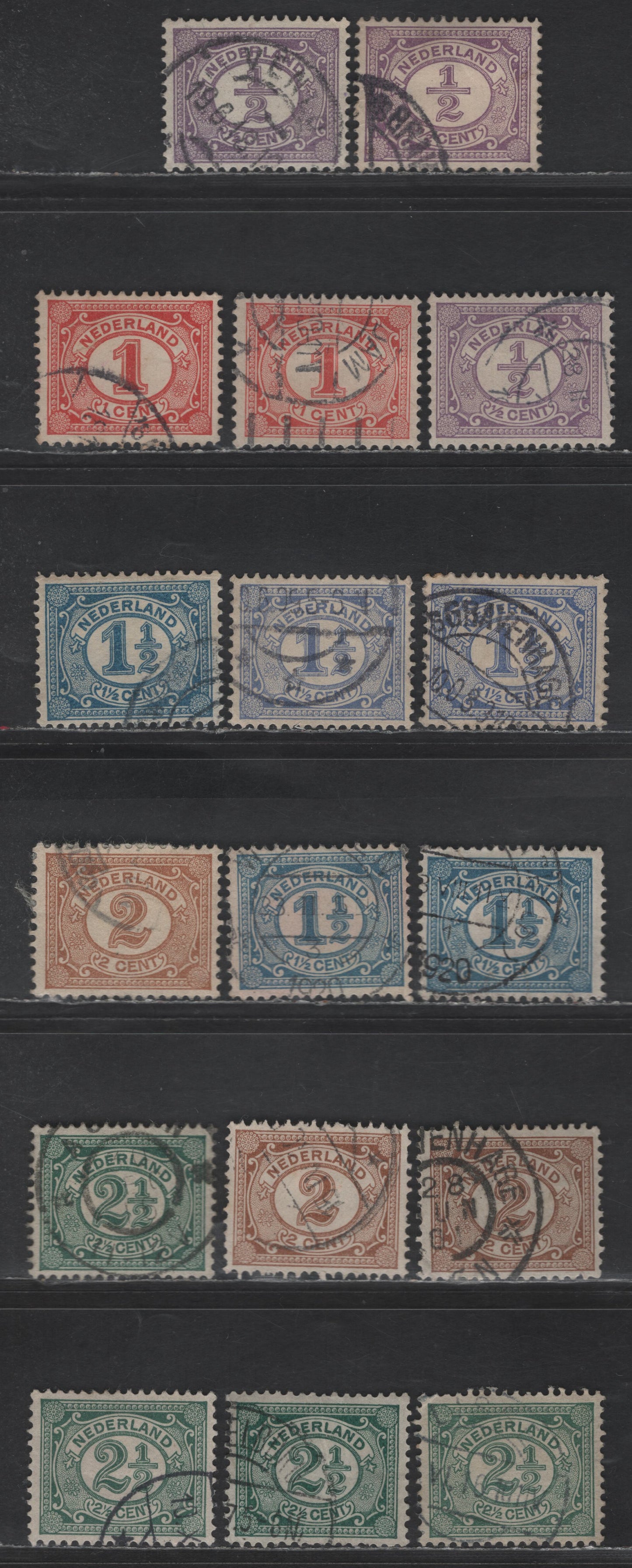 Lot 203 Netherlands SC#55-60 1/2c - 2.5c Violet - Deep Green Queen Wilhelmina, 1898-1924 Queen Wilhelmina Issue, 17 Very Fine Used Singles