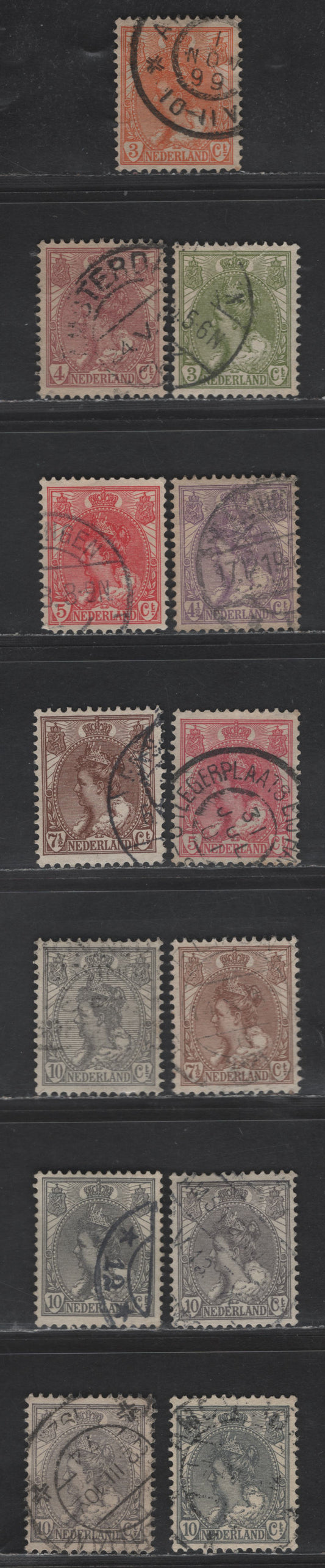 Netherlands SC#61-67, 65a, 110 3c - 10c Orange - Gray Lilac Queen Wilhelmina, 1898-1924 Queen Wilhelmina Issue, 9 Very Fine Used Singles, Listed & Unlisted Shades