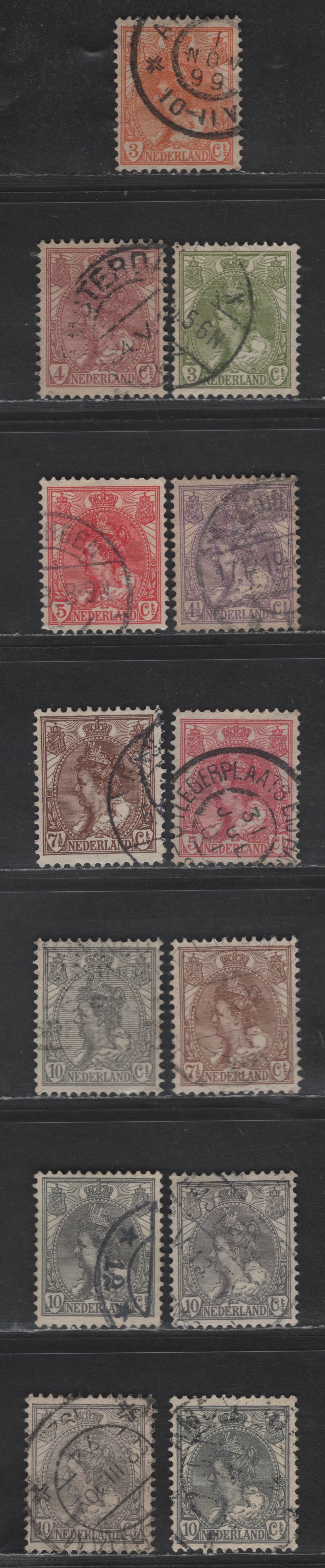 Lot 204 Netherlands SC#61-67, 65a, 110 3c - 10c Orange - Gray Lilac Queen Wilhelmina, 1898-1924 Queen Wilhelmina Issue, 9 Very Fine Used Singles, Listed & Unlisted Shades