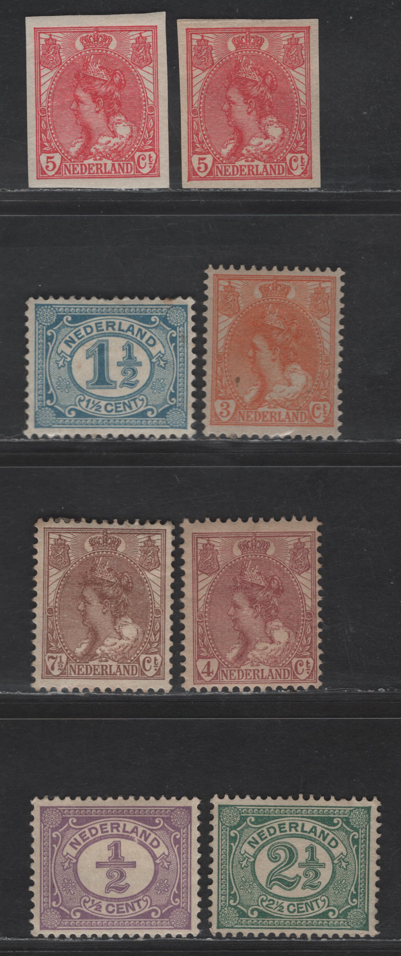 Lot 206 Netherlands SC#63, 66, 55, 58, 60, 61, 111 4c - 5c Claret - Carmine Queen Wilhelmina & Numerals, 1898-1924 Queen Wilhelmina Issue, 7 F/VFOG Singles