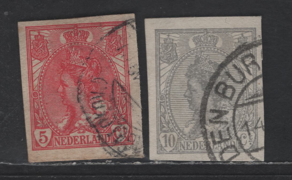 Lot 207 Netherlands SC#110-111 5c - 10c Carmine - Gray Queen Wilhelmina, 1922 Queen Wilhelmina Issue, 2 Very Fine Used Imperf Singles