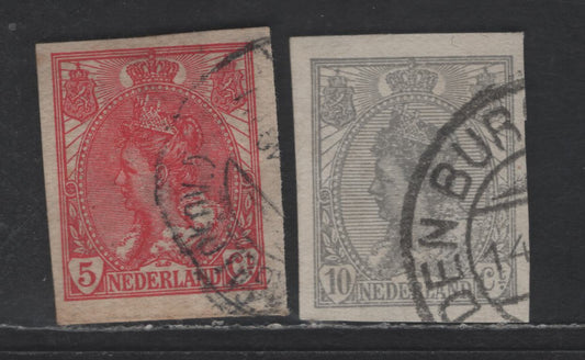 Lot 207 Netherlands SC#110-111 5c - 10c Carmine - Gray Queen Wilhelmina, 1922 Queen Wilhelmina Issue, 2 Very Fine Used Imperf Singles