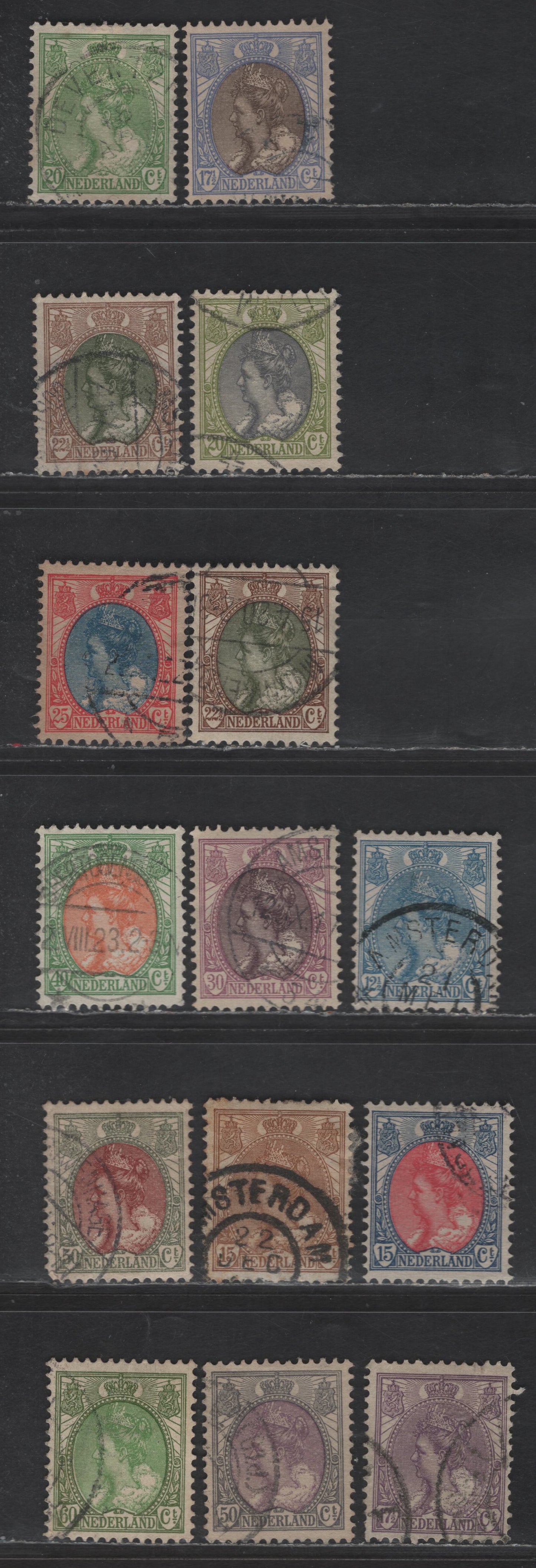 Lot 208 Netherlands SC#68-82 12.5c - 60c Blue - Olive Green & Green Queen Wilhelmina, 1898-1924 Queen Wilhelmina Issue, 15 Very Fine Used Singles, Includes 2 Shades Of 22.5c