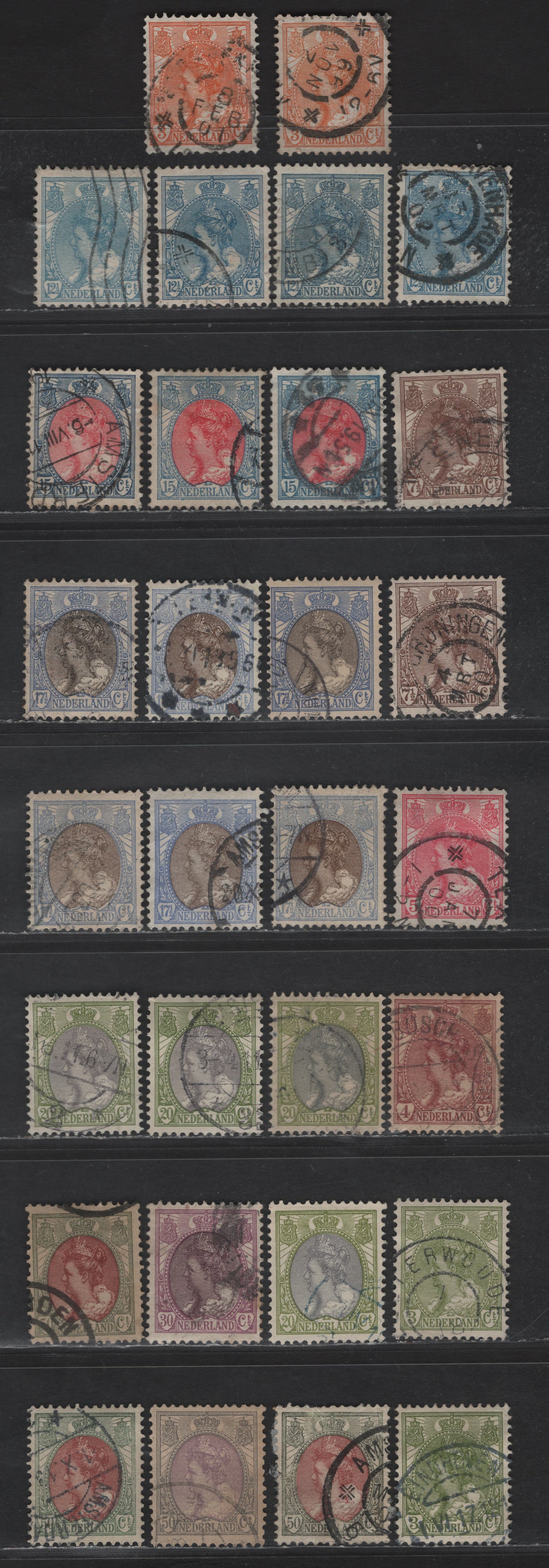 Lot 209 Netherlands SC#61-63, 65-66, 68, 70, 73-a, 75, 78, 80-81 3c - 50c Yellow Orange - Gray & Violet Queen Wilhelmina, 1898-1924 Queen Wilhelmina Issue, 13 Fine/Very Fine Used Singles, Unlisted Shade Variations Not Listed In 208