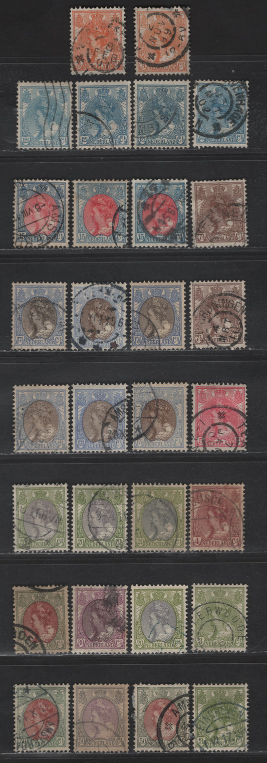 Lot 209 Netherlands SC#61-63, 65-66, 68, 70, 73-a, 75, 78, 80-81 3c - 50c Yellow Orange - Gray & Violet Queen Wilhelmina, 1898-1924 Queen Wilhelmina Issue, 13 Fine/Very Fine Used Singles, Unlisted Shade Variations Not Listed In 208