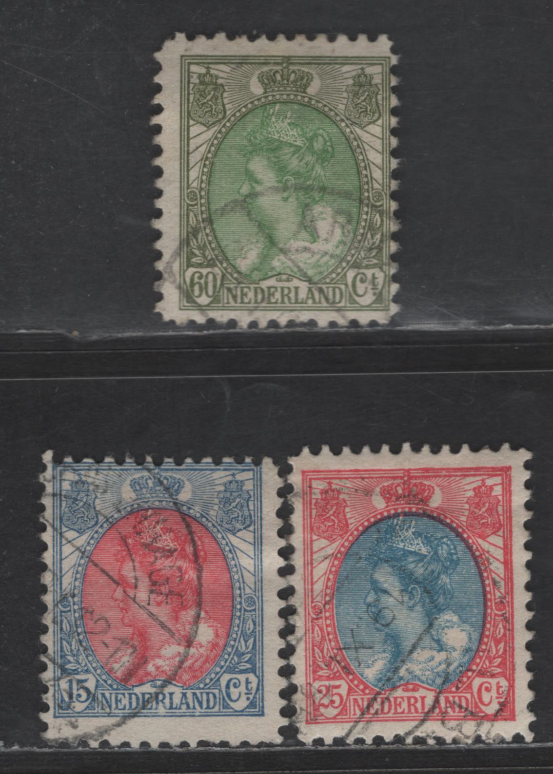Lot 210 Netherlands SC#70a, 77b, 82b 15c - 60c Blue & Carmine - Olive Green & Green Queen Wilhelmina, 1898-1924 Queen Wilhelmina Issue, 3 Fine/Very Fine Used Singles, Perfs 11.5 & 11.5x11