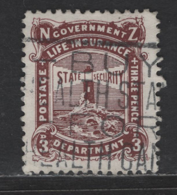 Lot 21 (C) New Zealand SC#OY21 (L35) 3d Chocolate Lighthouse, 1905-1932 Government Life Insurance Issue, A Fine Used Single, Single NZ & Star Wmk, Perf 11, Cowan Paper
