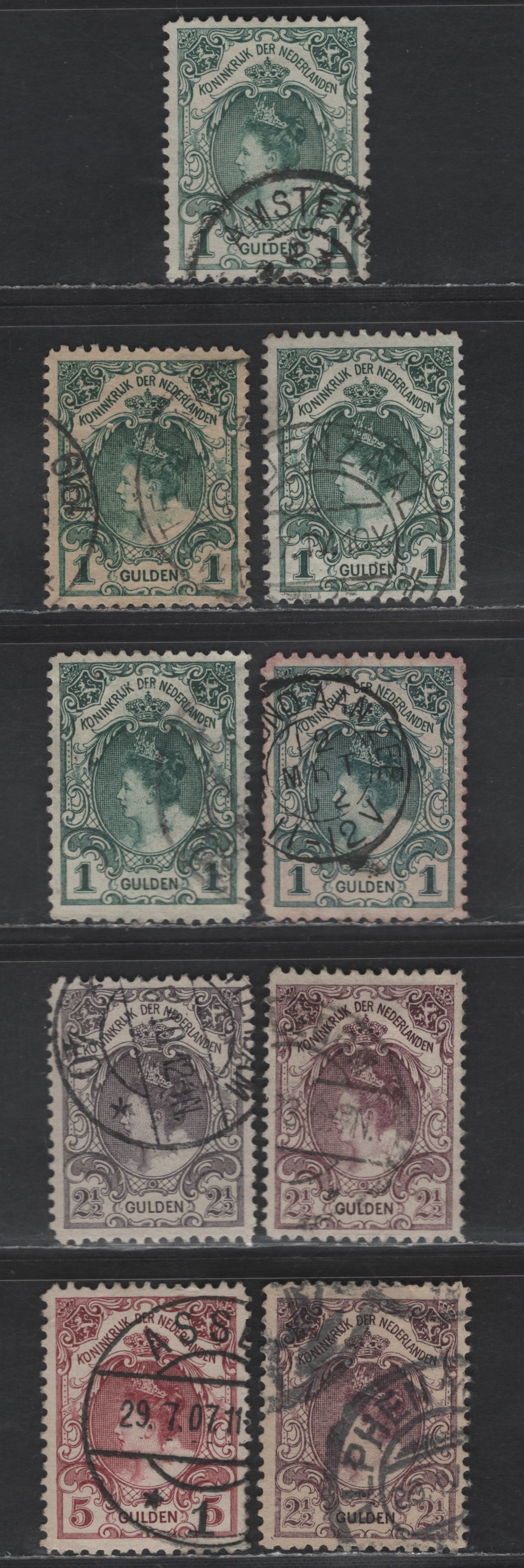 Lot 211 Netherlands SC#83-85 1g - 5g Dark Green - Claret Queen Wilhelmina, 1898-1905 Queen Wilhelmina Issue, 9 Very Fine Used Singles