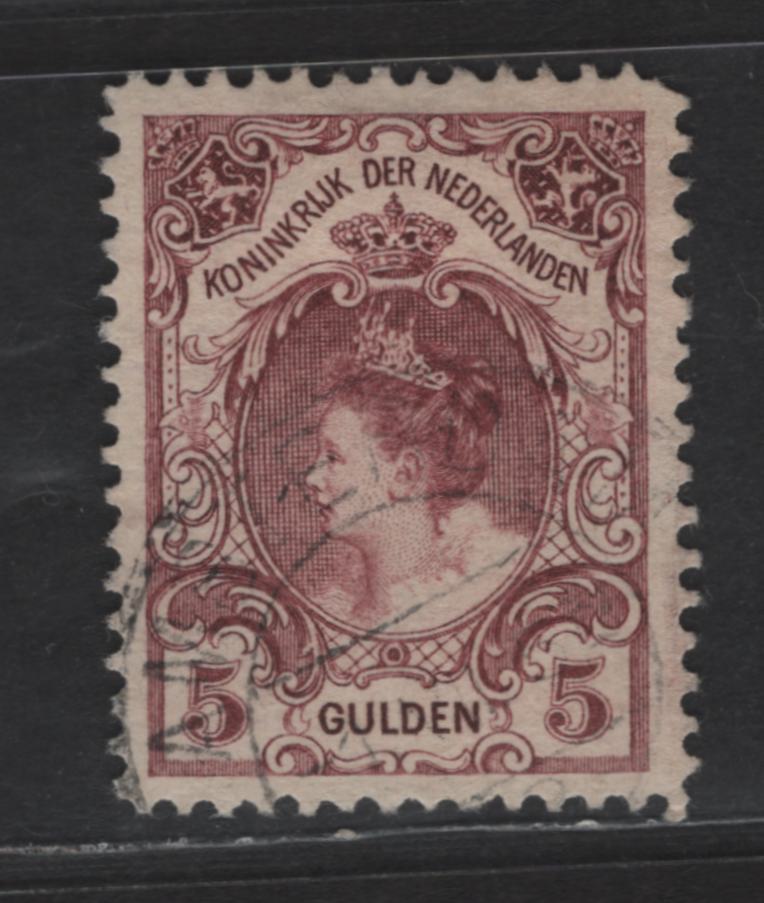 Lot 212 Netherlands SC#85var (NVPH 79B) 5g Claret Queen Wilhelmina, 1898-1905 Queen Wilhelmina Issue, A Very Fine Used Single, Perf 11.5x11