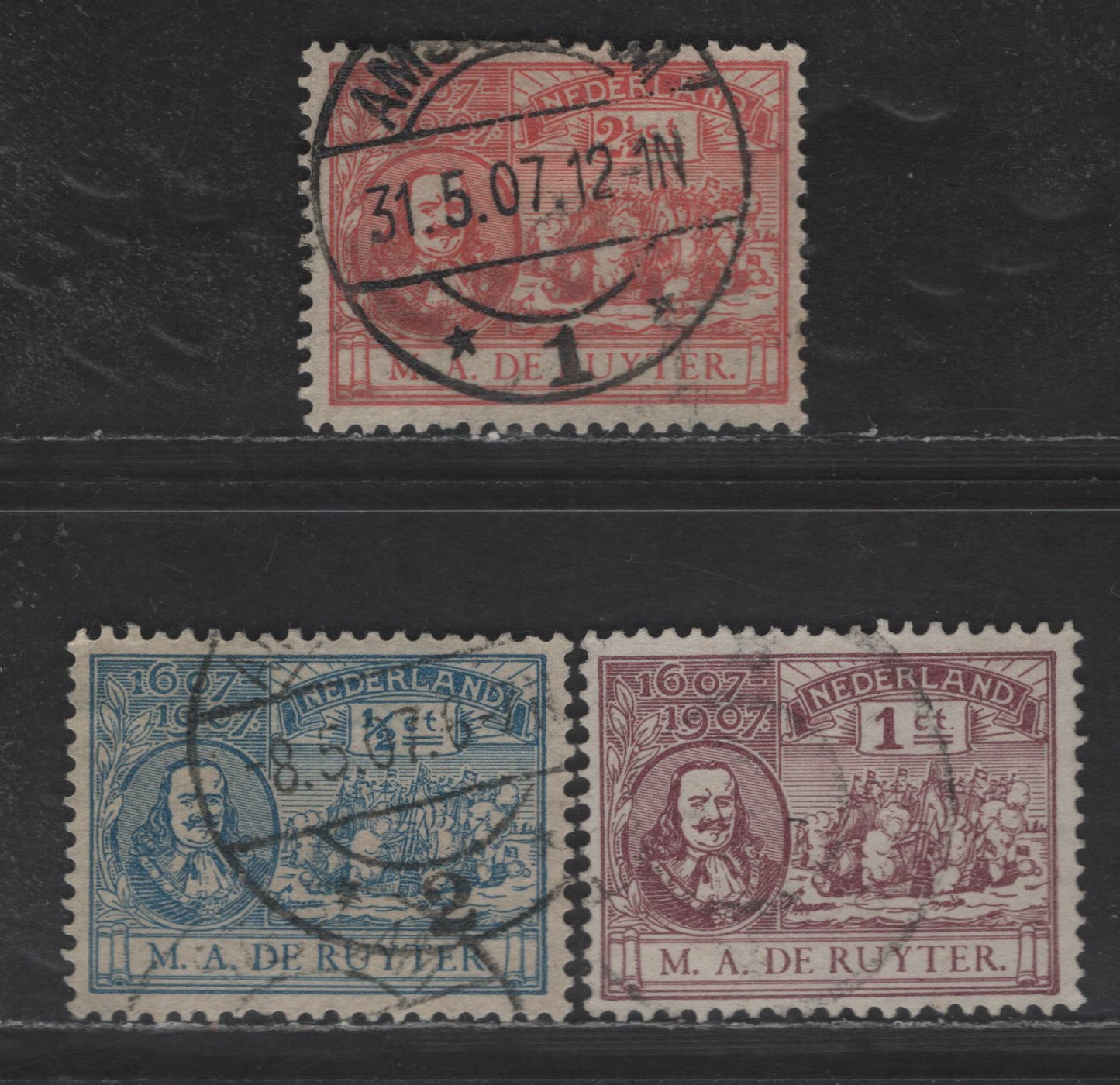 Lot 213 Netherlands SC#87-89 1/2c - 2.5c Blue - Vermillion Admiral M.A de Ruyter & Fleet, 1907 Admiral M.A de Ruyter & Fleet Issue, 3 Very Fine Used Singles