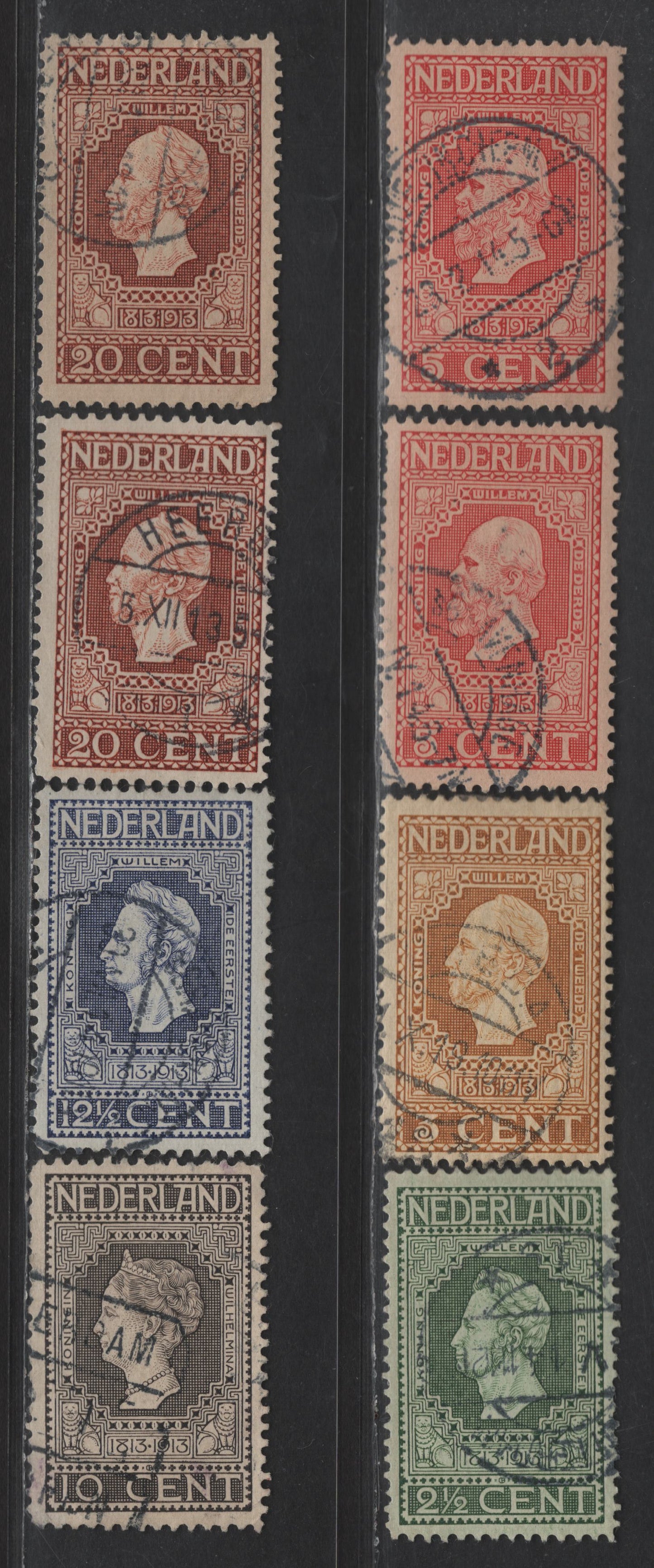 Lot 214 Netherlands SC#90-95 2.5c - 20c Green on Green - Orange Brown King William I - II, 1913 Centenary of Dutch Independence Issue, 8 Fine/Very Fine Used Singles, Subtle Shades Of 5c & 20c, Perf 11.5