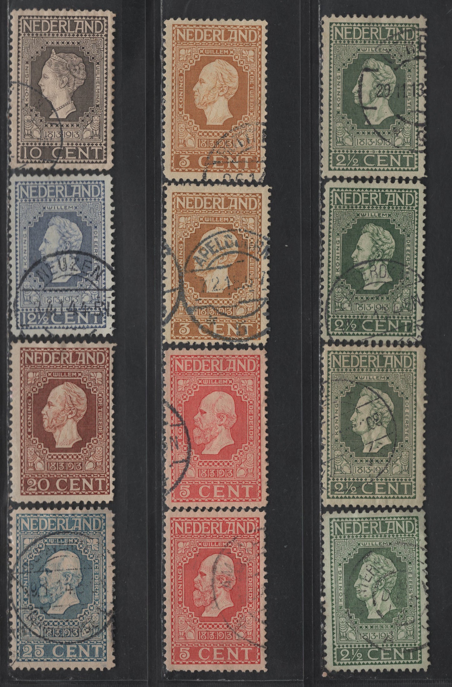 Lot 215 Netherlands SC#90-96 2.5c - 25c Green on Green - Blue King William I - III, 1913 Centenary of Dutch Independence Issue, 12 Fine/Very Fine Used Singles, With Additional Shades Of 2.5c, 3c & 5c, Perf 11