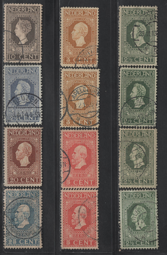 Lot 215 Netherlands SC#90-96 2.5c - 25c Green on Green - Blue King William I - III, 1913 Centenary of Dutch Independence Issue, 12 Fine/Very Fine Used Singles, With Additional Shades Of 2.5c, 3c & 5c, Perf 11