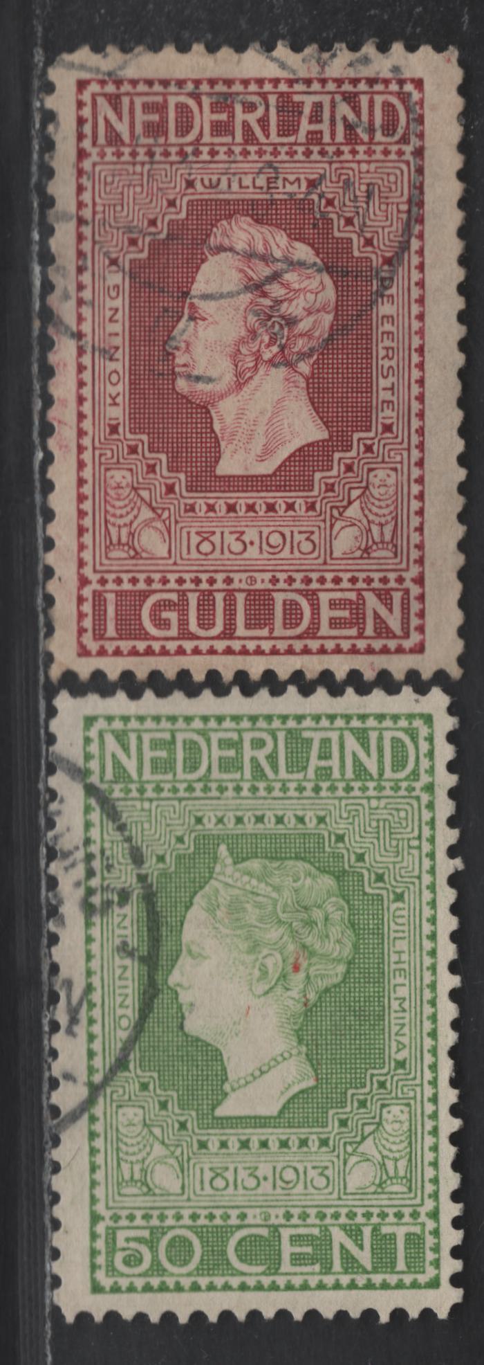 Lot 216 Netherlands SC#97-98 50c - 1g Yellow Green & Claret King William I - Queen Wilhelmina, 1913 Centenary of Dutch Independence Issue, 2 Fine Used Singles, Perf 11.5