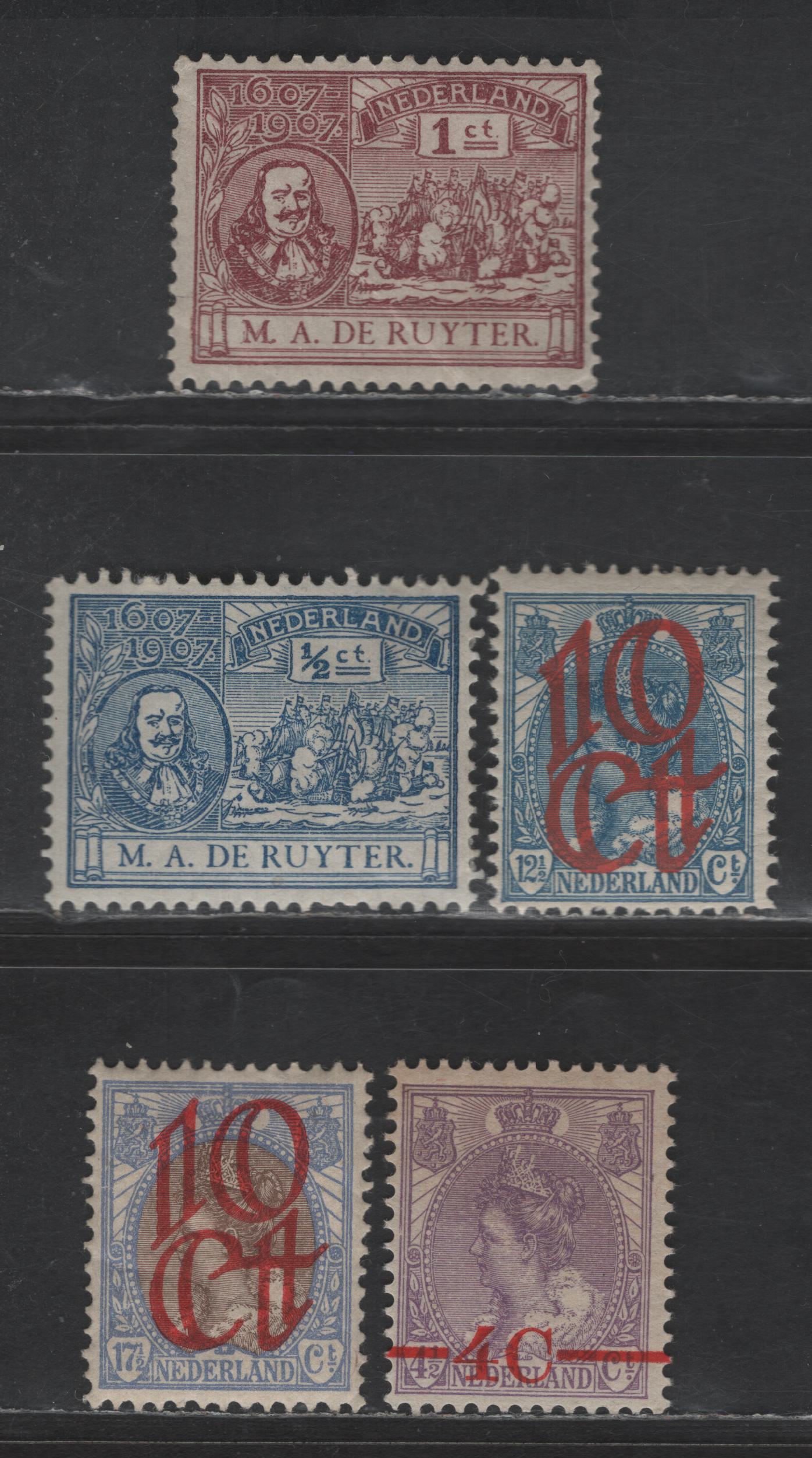 Lot 219 Netherlands SC#87-88, 121, 123b, 106 1/2c - 10c on 17.5c Blue - Ultramarine & Brown De Ruyter - Queen Wilhelmina, 1907-1923 De Ruyter - Surcharge Issues, 5 FOG Singles