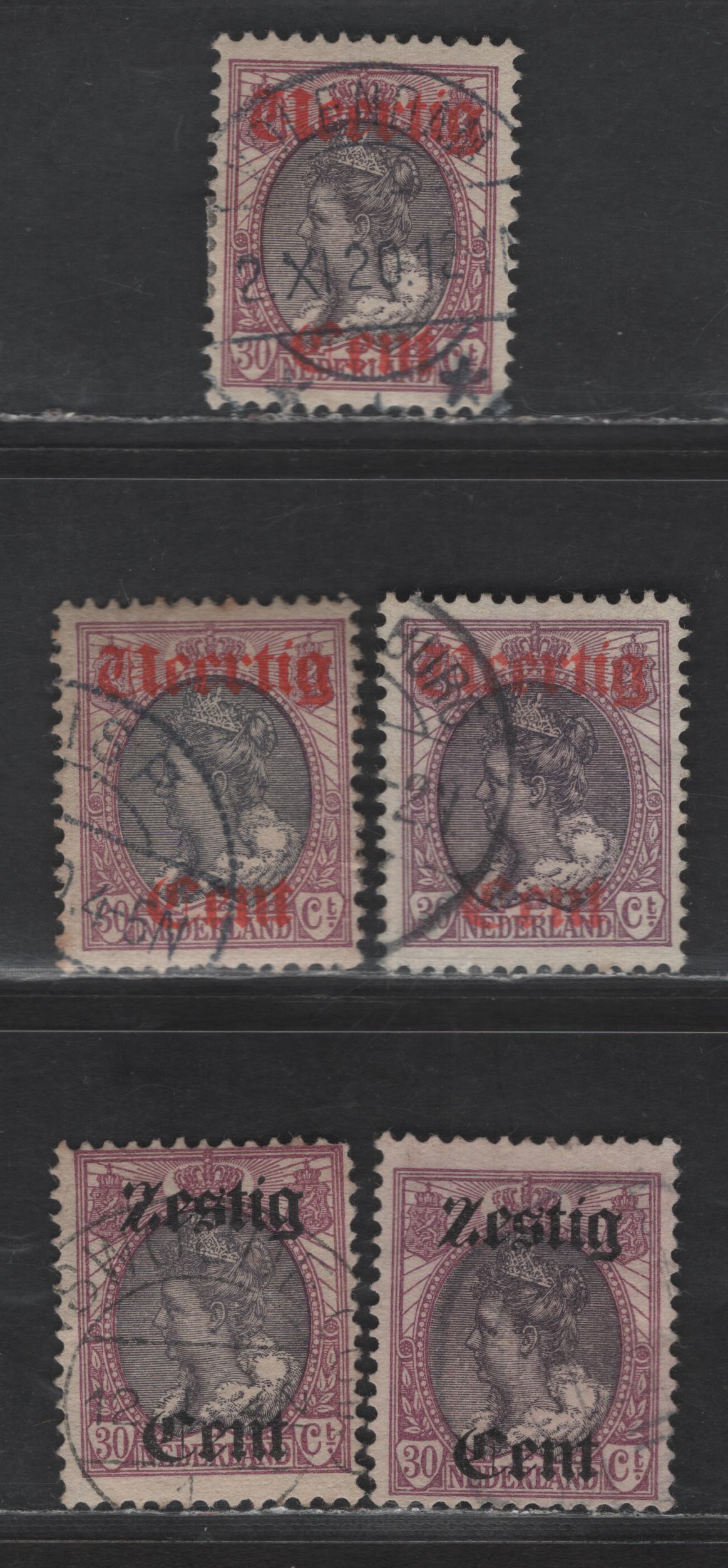 Lot 220 Netherlands SC#102-103 40c on 30c - 60c Lilac & Gray Queen Wilhelmina, 1919 Surcharged Issue, 5 Fine/Very Fine Used Singles