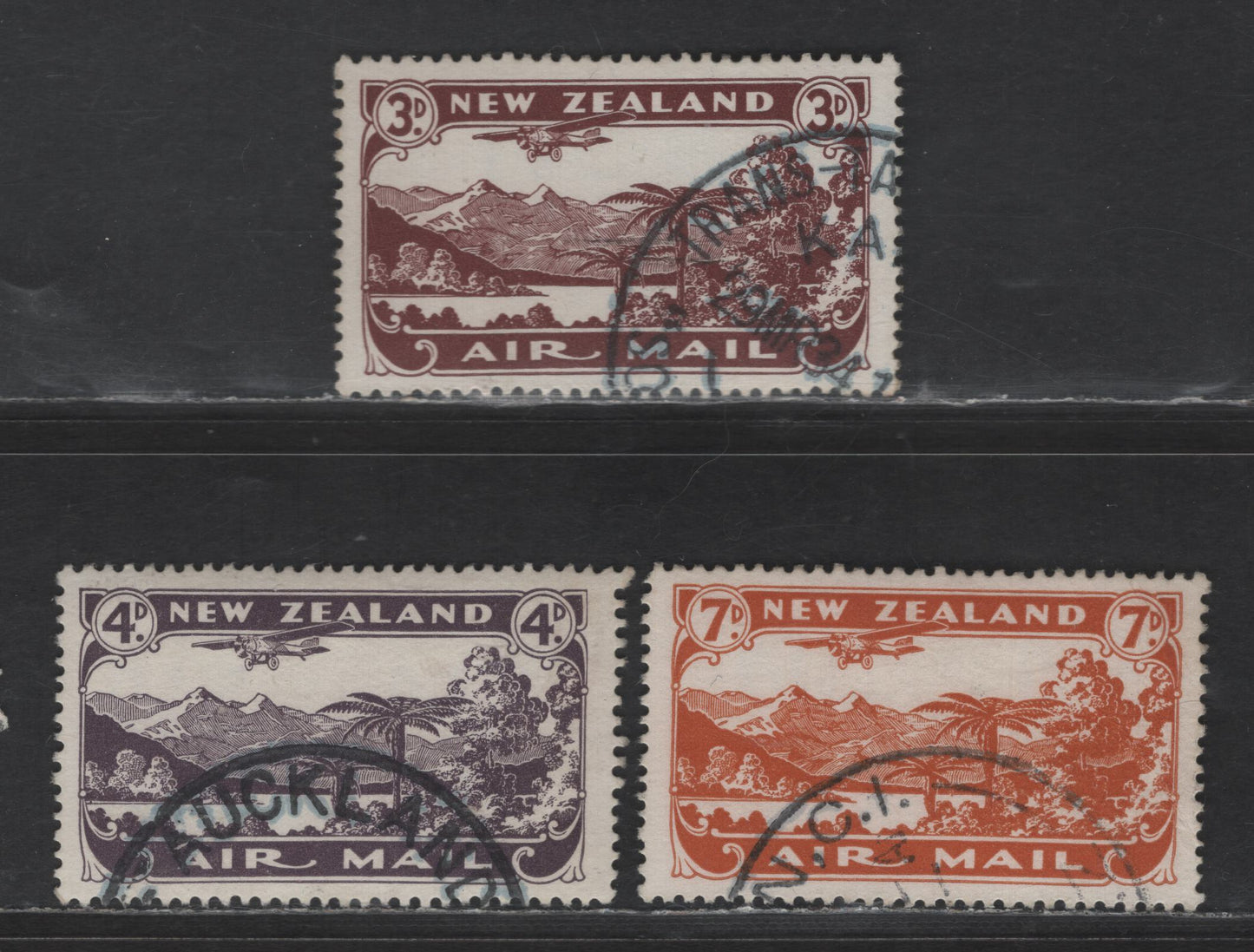 Lot 22 (C) New Zealand SC#548-550 3d - 7d Chocolate - Brownish Orange Scenic Views, 1931-1933 Airmail Issue, 3 Very Fine Used SIngles