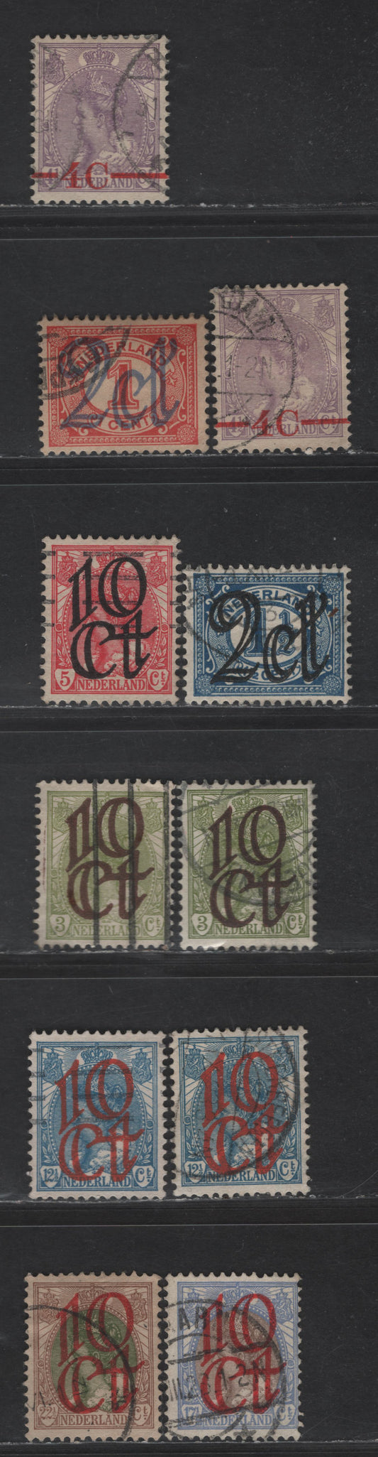 Lot 221 Netherlands SC#106, 117-121, 122b, 123b 4c on 4.5c - 10c on 22.5c Violet - Brown & Olive Green Queen Wilhelmina, 1921-1923 Surcharge Issue, 11 Fine/Very Fine Used Singles, Some Unlisted Shade Varieties