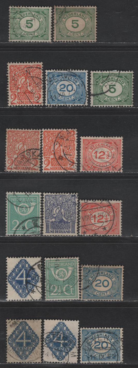 Lot 223 Netherlands SC#107-109, 113-116 5c - 4c Green - Deep Blue Numeral & Lion, 1921-1923 Numeral, Posthorn & Lion of Brabant Issues, 17 Fine/Very Fine Used Singles, Shade Varieties