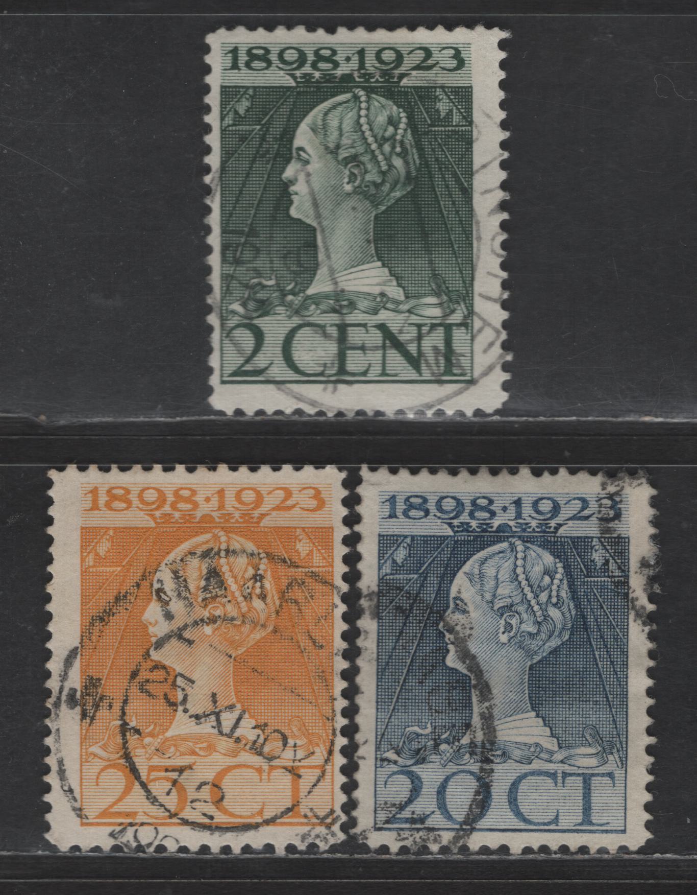 Lot 224 Netherlands SC#129var, 124var, 128var (NVPH 12b1, 121k, 125L) 2c - 25c Green - Yellow Queen Wilhelmina, 1923 25th Anniv of Queen Wilhelmina's Ascension, 3 Fine Used Singles, Better Perfs Listed Only In NVPH