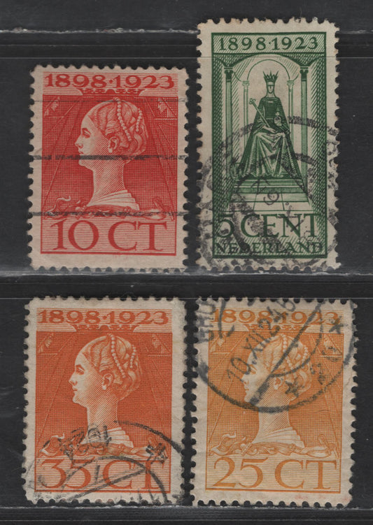 Lot 225 Netherlands SC#127, 127, 129-130 5c - 35c Green - Orange Queen Wilhelmina, 1923 25th Anniv of Queen Wilhelmina's Ascension, 4 Fine/Very Fine Used Singles, Perf 11x11.5