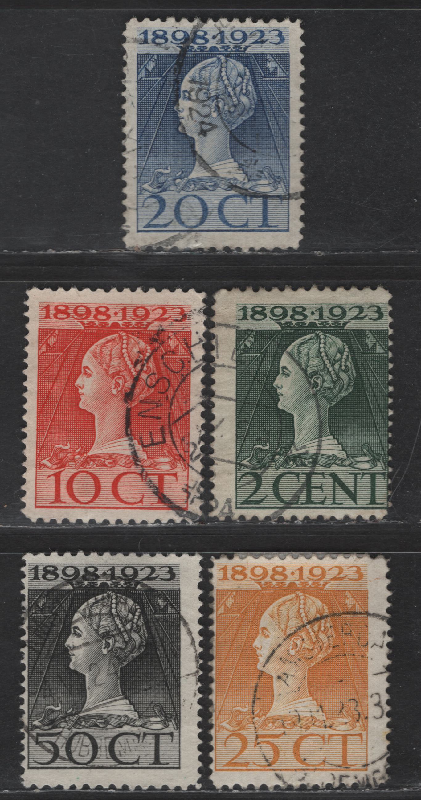 Lot 226 Netherlands SC#124, 127, 129, 128, 131 (NVPH 125G, 121D, 124D, 126D,128D) 2c - 50c Myrtle Green -Black Queen Wilhelmina, 1923 25th Anniv of Queen Wilhelmina's Ascension, 5 Fine/Very Fine Used Singles, Perfs 11.5x12 (20c) & 11x12.5 (Rest)