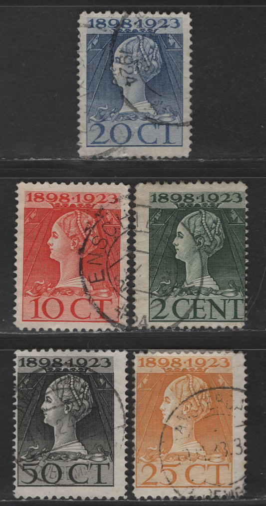 Lot 226 Netherlands SC#124, 127, 129, 128, 131 (NVPH 125G, 121D, 124D, 126D,128D) 2c - 50c Myrtle Green -Black Queen Wilhelmina, 1923 25th Anniv of Queen Wilhelmina's Ascension, 5 Fine/Very Fine Used Singles, Perfs 11.5x12 (20c) & 11x12.5 (Rest)