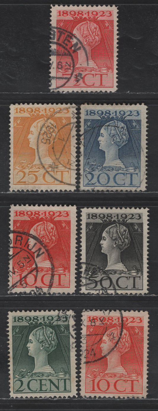 Lot 227 Netherlands SC#124, 126-129, 131 (NVPH 121H-128H) 2c - 50c Myrtle Green -Black Queen Wilhelmina, 1923 25th Anniv of Queen Wilhelmina's Ascension, 7 Very Fine Used Singles, Perf 11.5x12.5