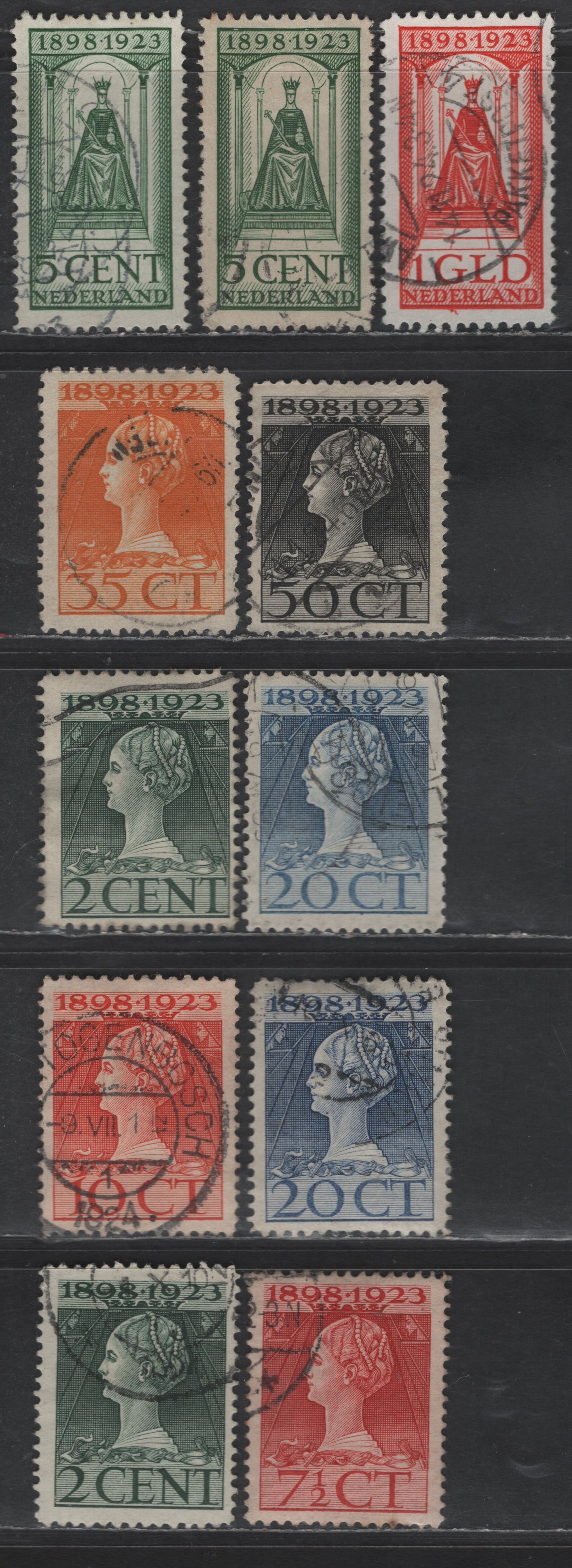 Lot 228 Netherlands SC#124-128, 130-132 2c - 1g Myrtle Green - Red Queen Wilhelmina, 1923 25th Anniv of Queen Wilhelmina's Ascension, 11 Fine/Very Fine Used Singles, Perfs 11.5x12 & 11.5