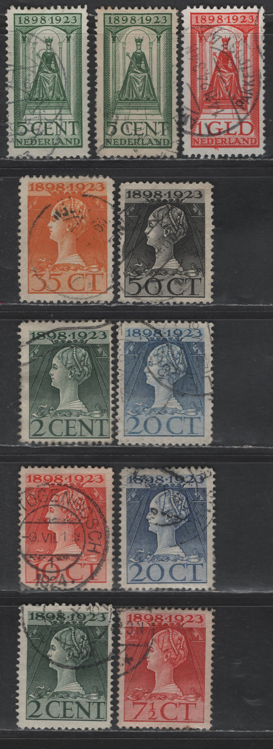 Lot 228 Netherlands SC#124-128, 130-132 2c - 1g Myrtle Green - Red Queen Wilhelmina, 1923 25th Anniv of Queen Wilhelmina's Ascension, 11 Fine/Very Fine Used Singles, Perfs 11.5x12 & 11.5