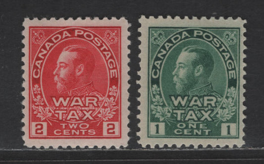 Lot 23 (C) Canada SC#MR1 - MR2 1c - 2c Green -Carmine King George V, 1915 War Tax Issue, 2 VFOG Singles