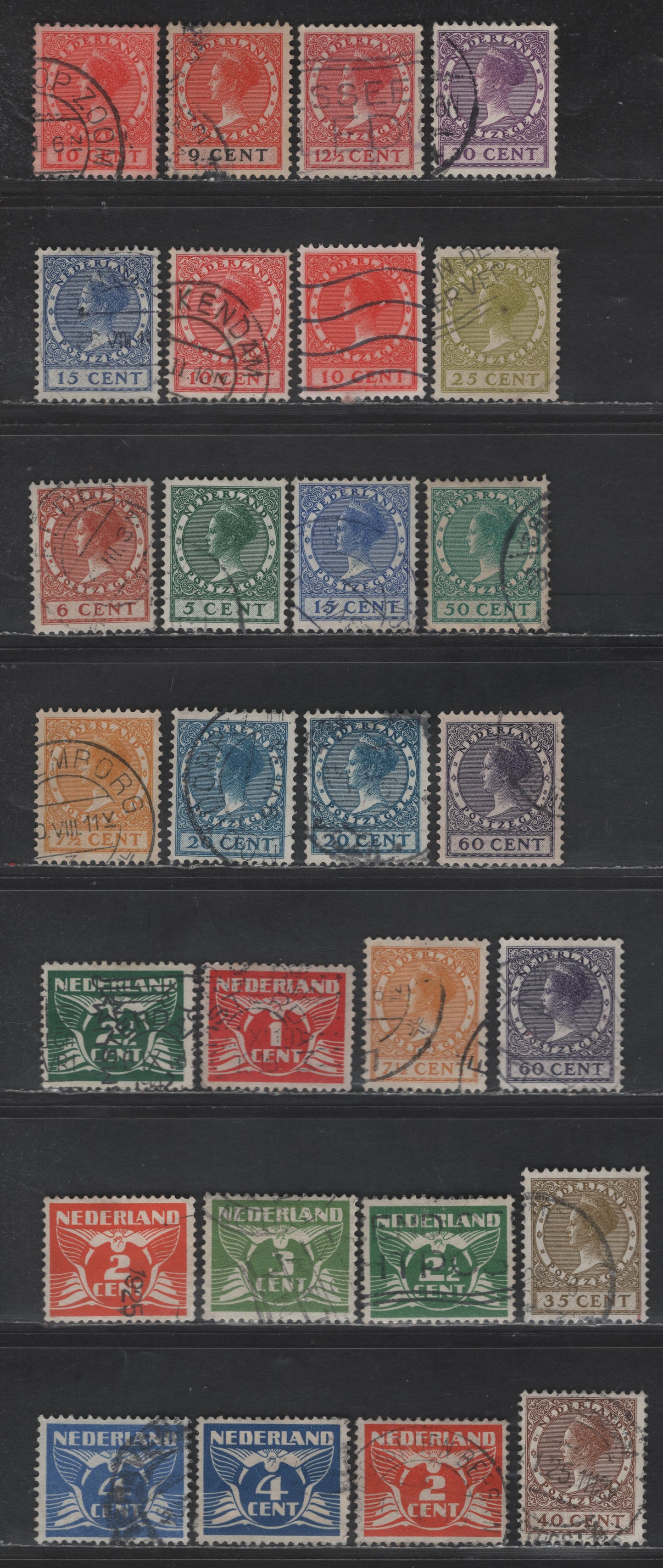 Lot 233 Netherlands SC#142-160 1c - 60c Deep Red - Dark Violet Gull & Queen Wilhelmina, 1924-1926 Gull & Queen Wilhelmina Issue, 28 Very Fine Used Singles, Unwatermarked, Unlisted Shades