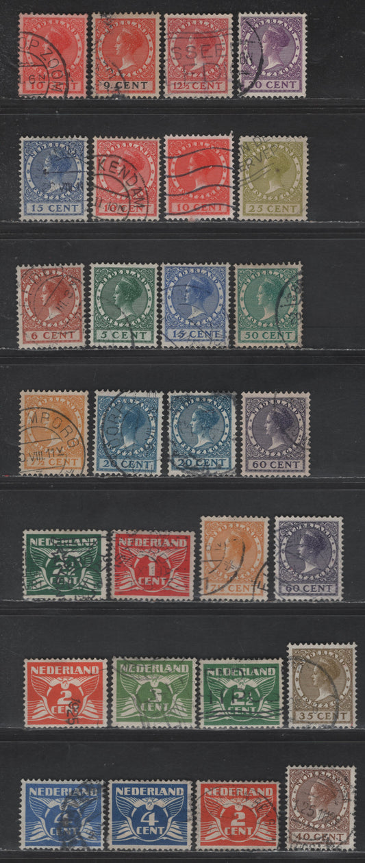 Lot 233 Netherlands SC#142-160 1c - 60c Deep Red - Dark Violet Gull & Queen Wilhelmina, 1924-1926 Gull & Queen Wilhelmina Issue, 28 Very Fine Used Singles, Unwatermarked, Unlisted Shades