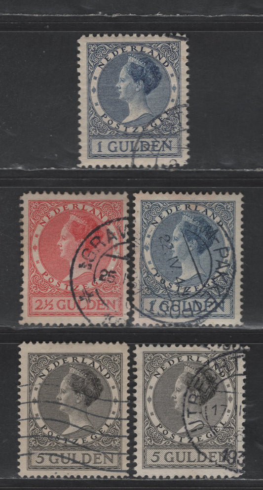 Lot 235 Netherlands SC#161-s, 162, 163-a 1g - 5g Ultramarine - Gray Black Queen Wilhelmina, 1925-1930 Queen Wilhelmina Issue, 5 Fine/Very Fine Used Singles