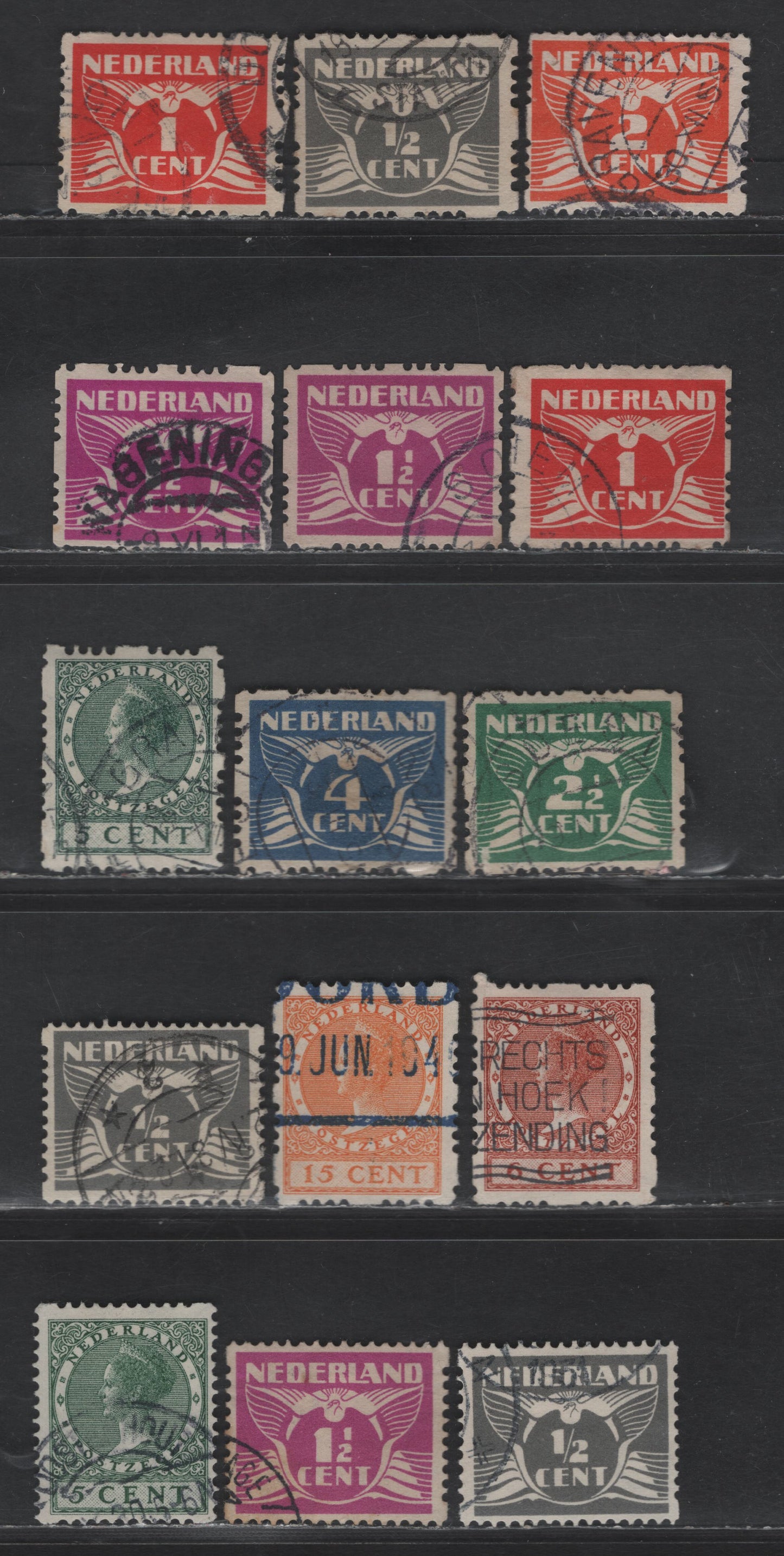 Lot 236 Netherlands SC#143a, 164a, 165a, 166a, 169a, 171a, 172a, 173a, 182a, 164b, 166b, 172c 2c - 5c Red Orange - Deep Green Gull & Queen Wilhelmina, 1924-1930 Gull & Queen Wilhelmina Issues, 15 Fine/Very Fine Used Singles, Syncopated Perf Types A, B & C