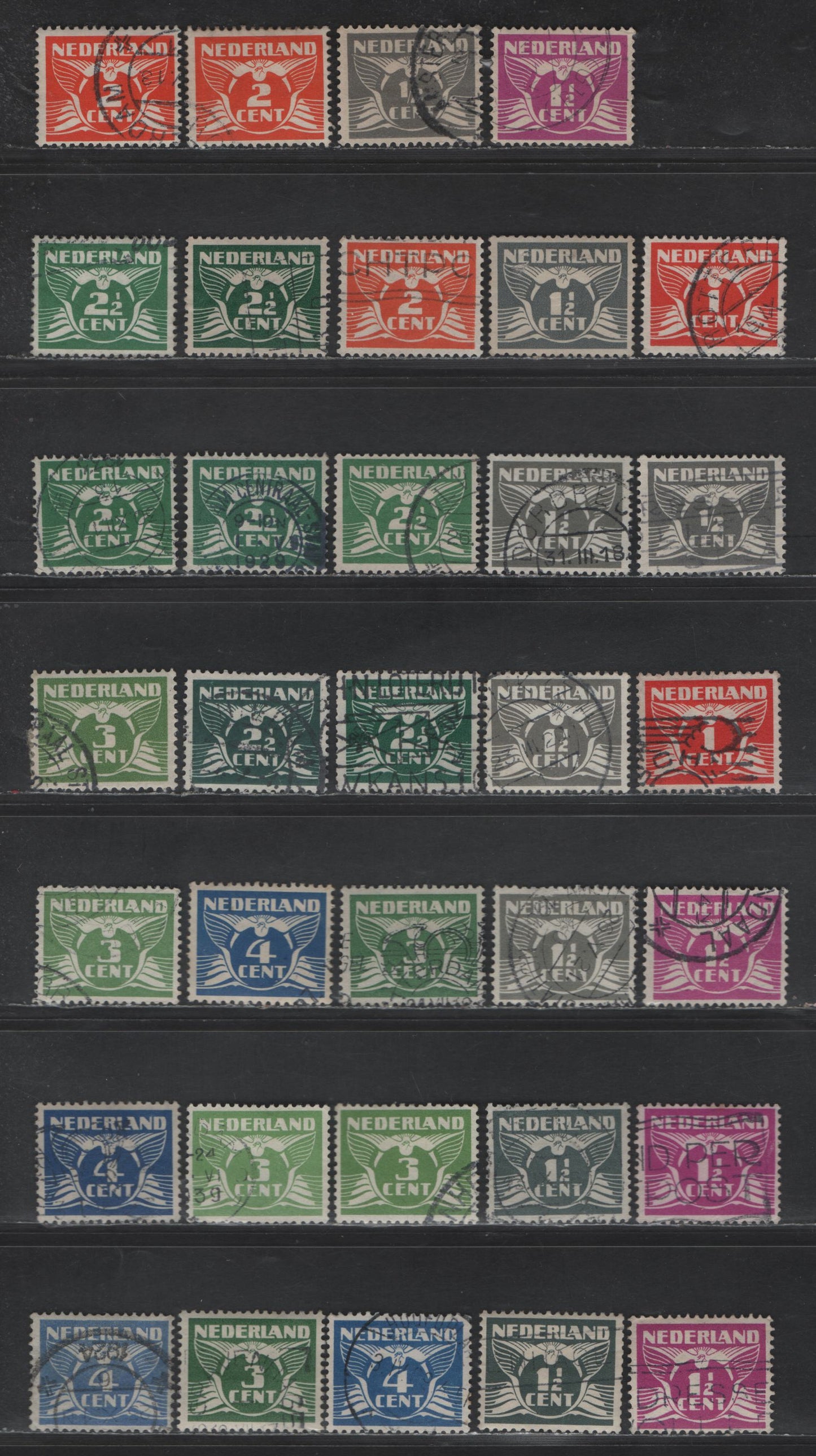 Lot 237 Netherlands SC#164-171 1/2c - 4c Gray - Deep Ultramarine Gull & Queen Wilhelmina, 1924-1930 Gull & Queen Wilhelmina Issues, 34 Fine/Very Fine Used Singles, Watermarked Circles, Many Shade Varieties