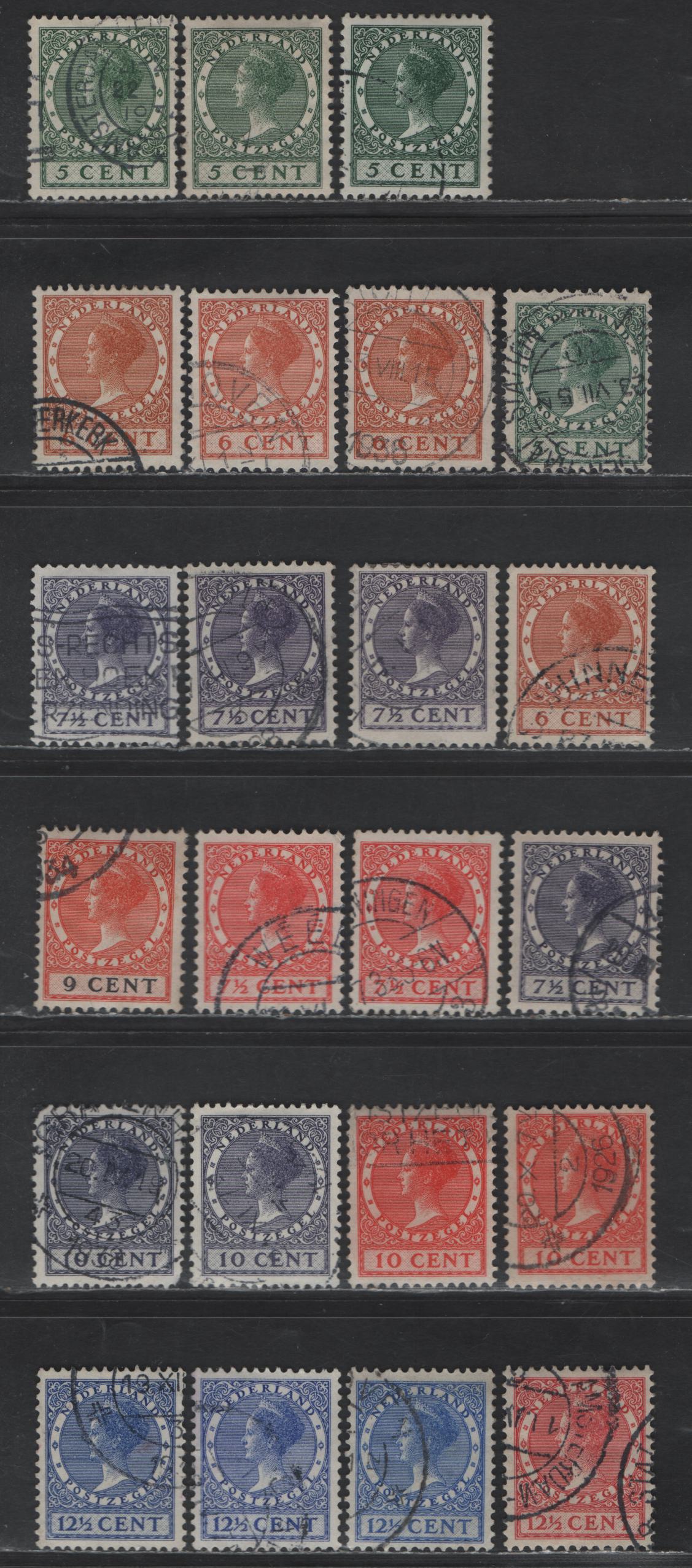 Lot 238 Netherlands SC#172-180 5c - 12.5c Ultramarine Queen Wilhelmina, 1926-1929 Queen Wilhelmina Issue, 23 Fine/Very Fine Used Singles, Watermarked Circles, Shade Variations