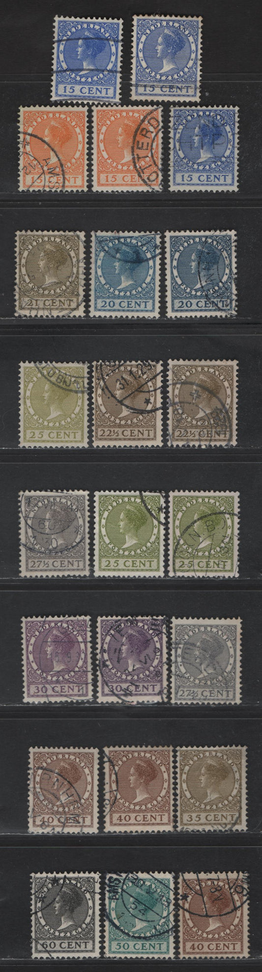 Lot 239 Netherlands SC#181-185 15c - 60c Ultramarine - Black Queen Wilhelmina, 1926-1939 Queen Wilhelmina Issues, 23 Very Fine Used Singles, Watermarked Circles, Shade Variations