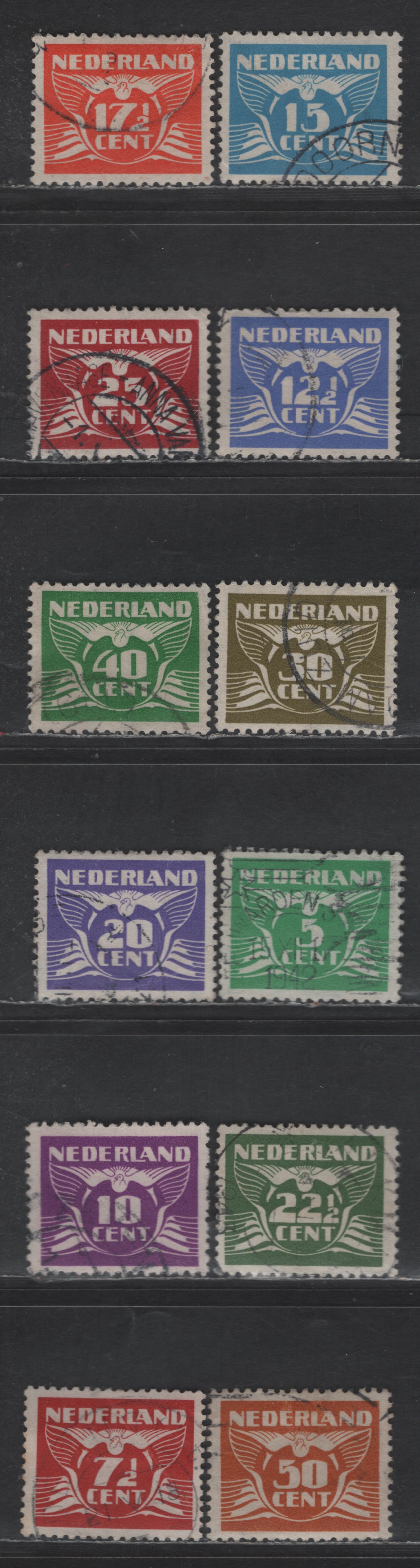 Netherlands SC#243c-243q 5c- 50c Bright Green - Orange Brown Gull, 1941 Gull Definitive Issue, 12 Very Fine Used Singles, Watermarked Circles