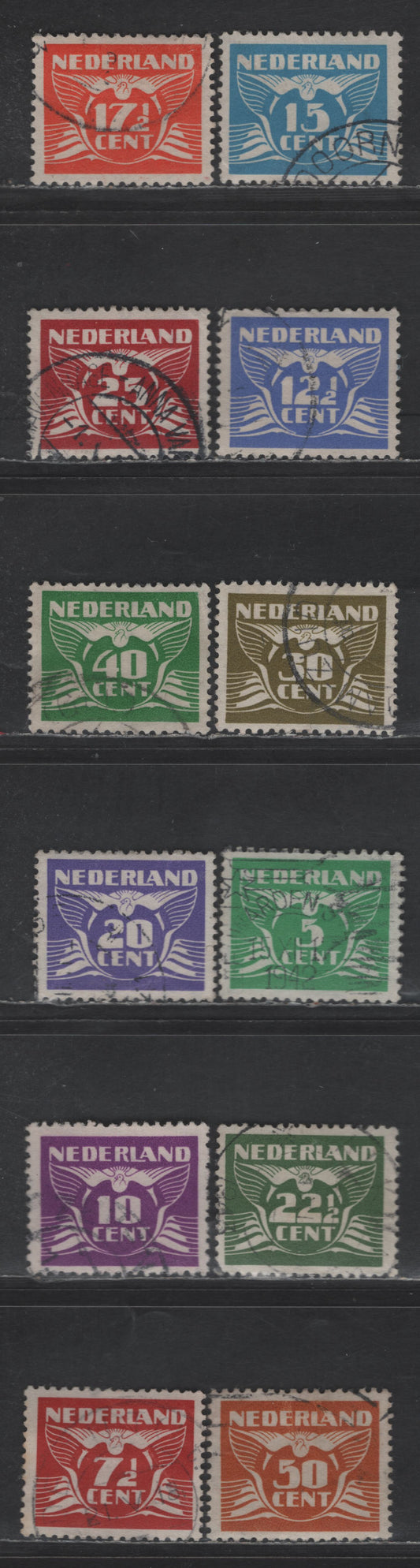 Lot 240 Netherlands SC#243c-243q 5c- 50c Bright Green - Orange Brown Gull, 1941 Gull Definitive Issue, 12 Very Fine Used Singles, Watermarked Circles