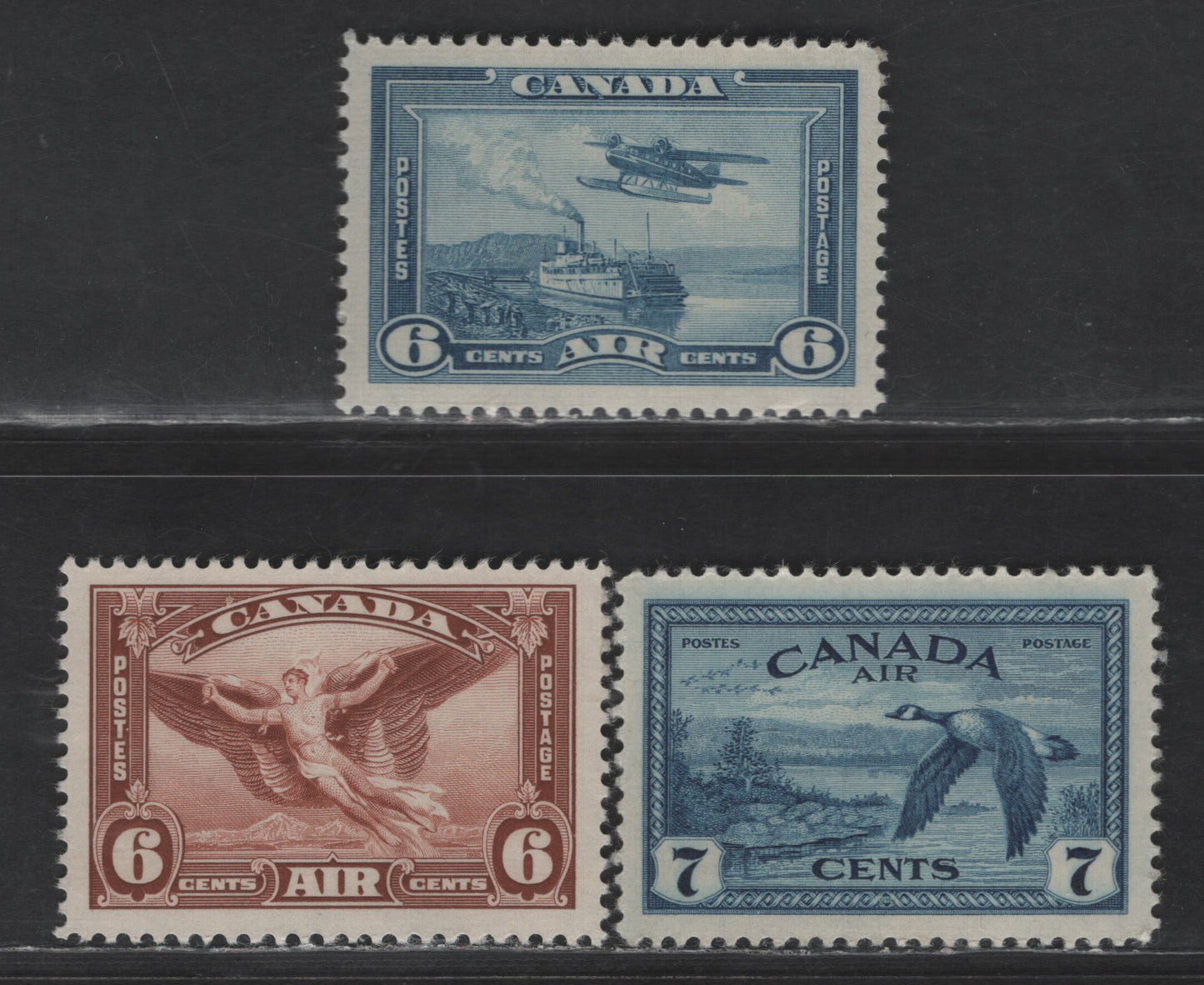 Lot 24 (C) Canada SC#C5-C6, C9 6c - 7c Red Brown - Blue Daedalus in Flight - Canada Geese, 1935-1946 Airmail Issue, 3 VFNH Singles